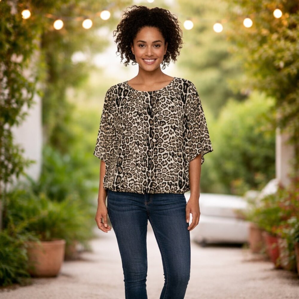 Ember Leopard Print Blouse S Draped Sleeve Elastic Hem Tunic Top Animal Print